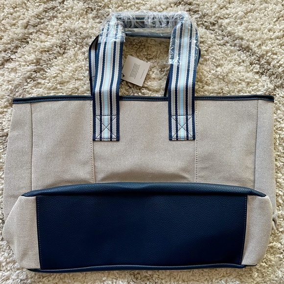 Cream Navy Blue Striped Everyday Canvas Tote Bag - Picture 2 of 7